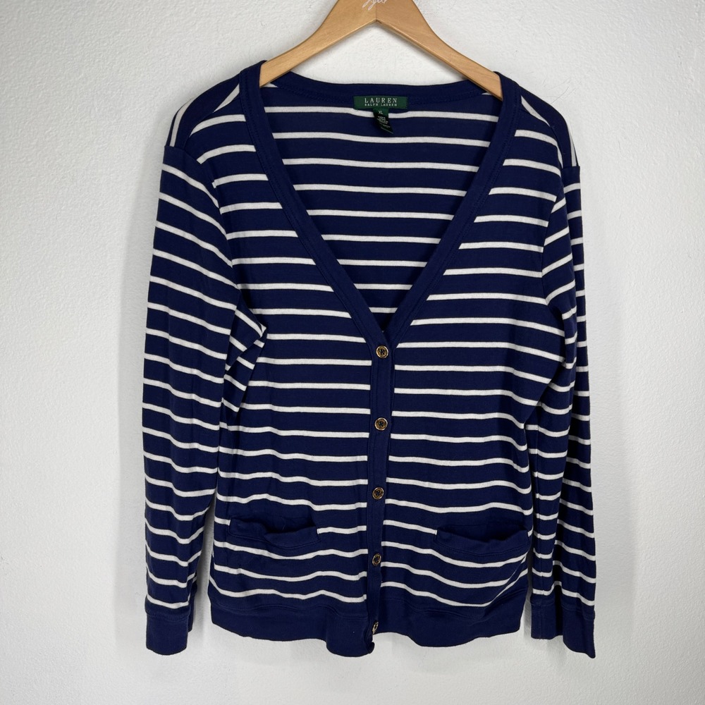 Ralph Lauren Navy White Striped Cotton Cardigan Gold Buttons Size XL Coastal